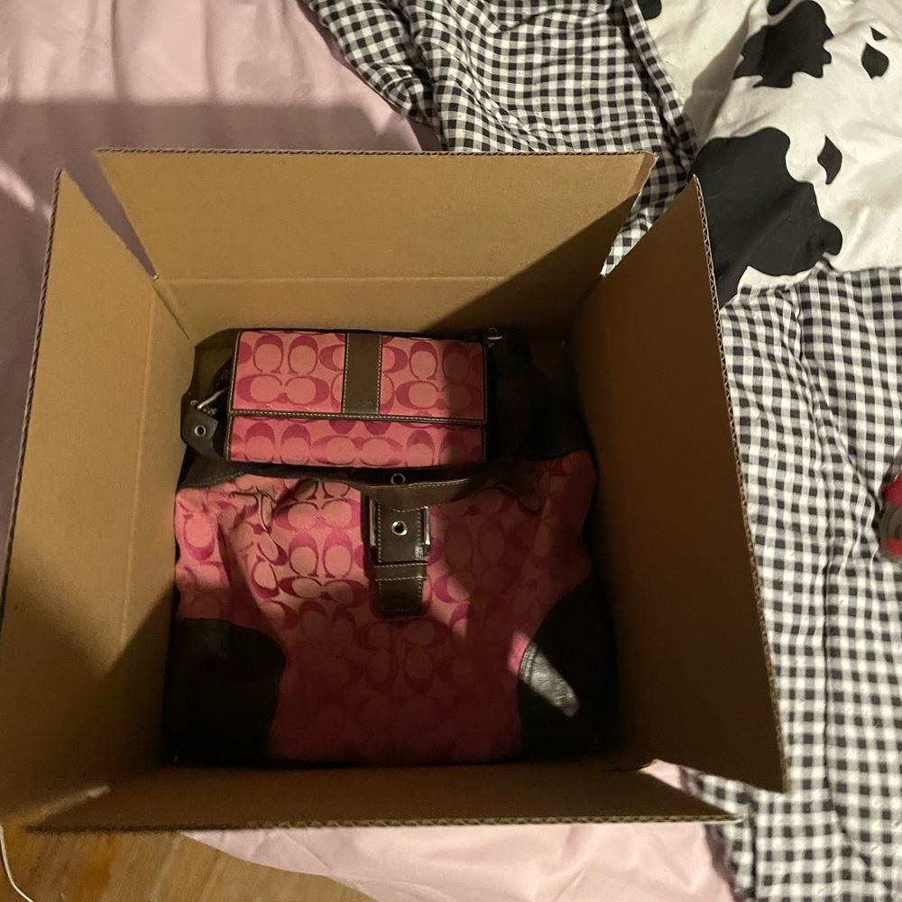 Pink and brown coach bag